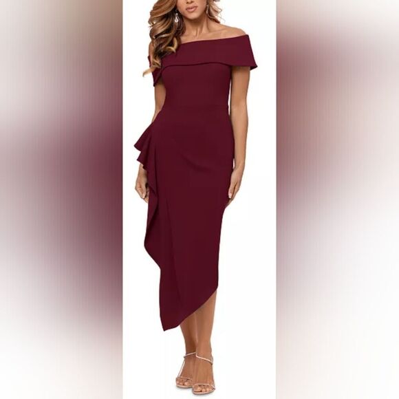 Betsy & AdamOff-The-Shoulder Ruffle midi Dress NWT size 10 Burgundy - Picture 1 of 5